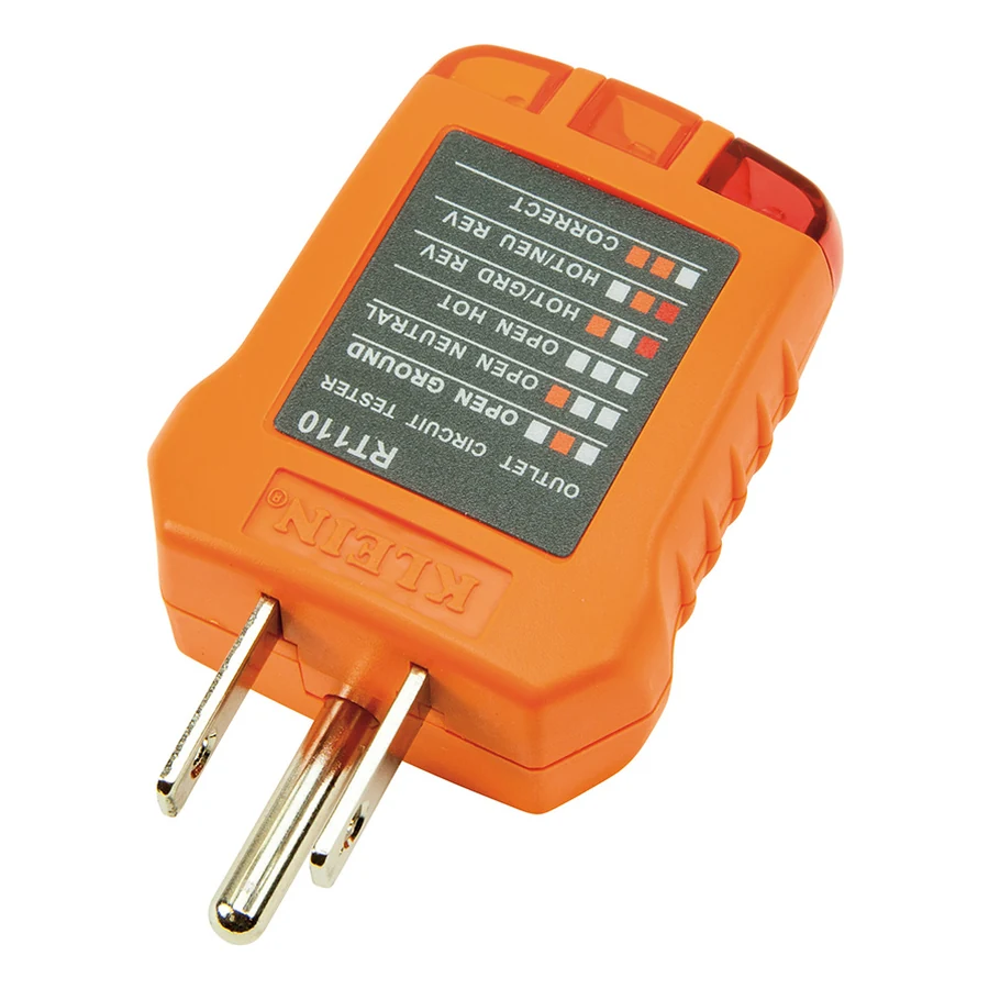The Klein Tools RT110 receptacle tester, an orange plug-in unit with its wiring legend printed on the face
